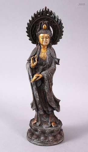 A CHINESE SMALL PART GILT BRONZE STANDING DIETY, 23cm high.