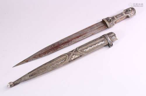 A 19TH CENTURY RUSSIAN KINJAL DAGGER with niello decoration to the scabbard and hilt, 46cm long.