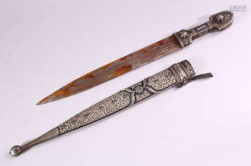 A 19TH CENTURY RUSSIAN KINJAL DAGGER with niello decoration to the scabbard and hilt, 47cm long.