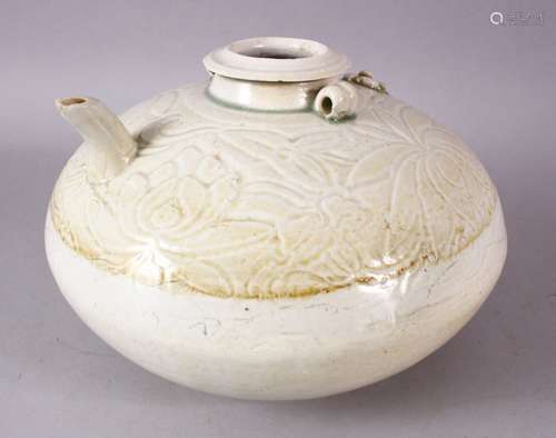 AN EARLY CHINESE POTTERY EWER OF FLATTEN CIRCULAR FORM, upper body incised with lotus flower