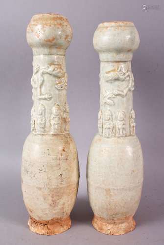 A PAIR OF POSSIBLY HAN DYNASTY TALL 'SOUL' VASES, with bulbous rim, the neck moulded with figures,