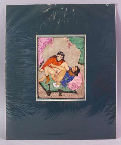 AN INDIAN HAND PAINTED MANUSCRIPT PAGE, depicting a couple in erotic scene, image size 19cm x 13.