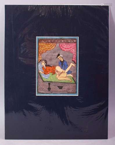 AN INDIAN HAND PAINTED MANUSCRIPT PAGE, depicting a couple in erotic scene, image size 18cm x 12.