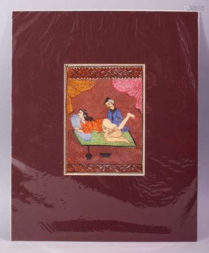 AN INDIAN HAND PAINTED MANUSCRIPT PAGE, depicting a couple in erotic scene, image size 20cm x 14cm.