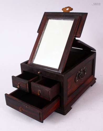 A CHINESE HARDWOOD SMALL DRESSING TABLE BOX, with folding mirror and three small drawers, 17cm deep,