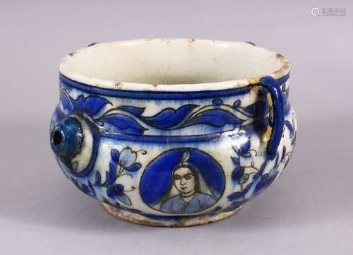 A 19TH CENTURY PERSIAN QAJAR SPOUTED BOWL, with triple moulded handles, with roundel's of figures,