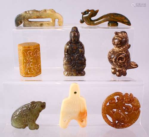 A MIXED LOT OF EIGHT CARVED CHINESE JADE ITEMS, consisting of: A carved jade chilong belt hook, 9cm,