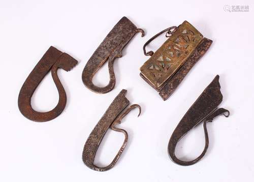 A COLLECTION OF FIVE EARLY PERSIAN STEEL FLINT STRIKERS, each with engraved decoration, longest,