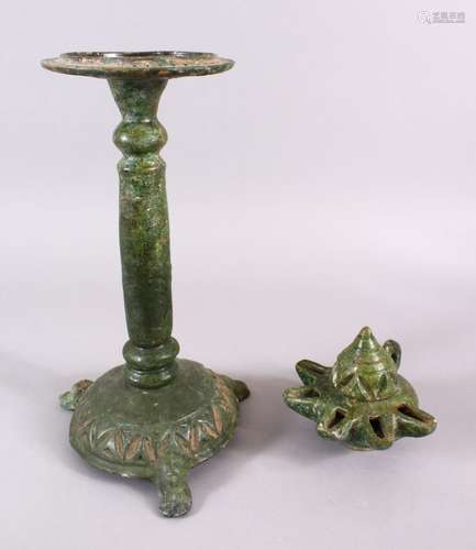 A UNUSUAL EARLY ISLAMIC POTTERY OIL LAMP ON STAND, 46cm high.