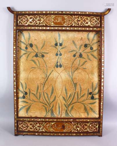 A LARGE MOTHER OF PEARL INLAID WOOD FIRE SCREEN - WITH AN EMBROIDERED NOVEAU STYLE PANEL, 89cm