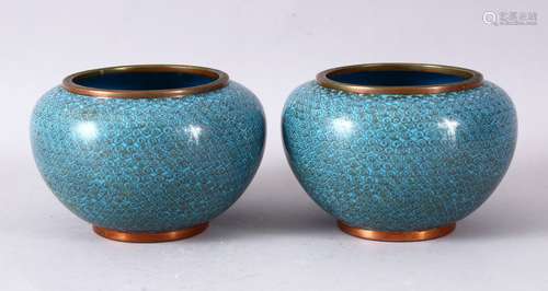 A GOOD PAIR OF 19TH/20TH CENTURY CHINESE CLOISONNE BOWLS, with scrolling stylised cloud and ruyi