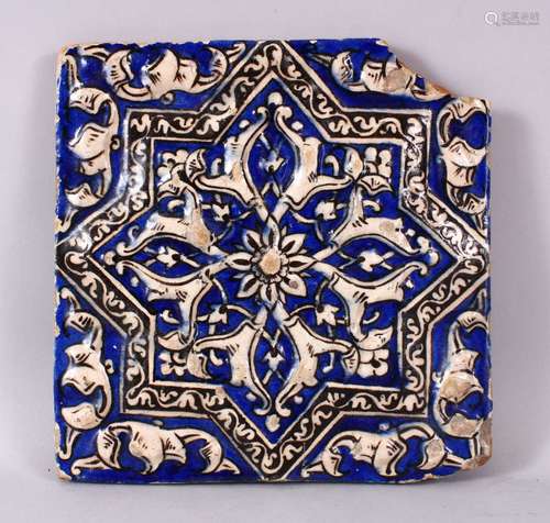 A QAJAR MOULD POTTERY TILE, 24cm square.