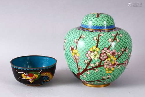 A 19TH/20TH CENTURY CHINESE CLOISONNE DRAGON BOWL, decorated with a dragon chasing the flaming pearl