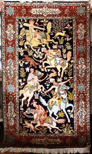 A GOOD PERSIAN CARPET decorated with a hunting scene, 152cm x 92cm.