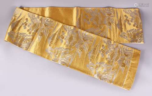 A FINE JAPANESE SILK EMBROIDERED FUKURO OBI TIE - upon a gold ground with silver and gold coloured