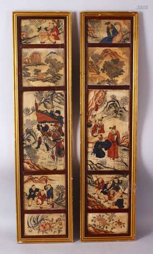 A PAIR OF CHINESE FRAMED PAINTED SOAPSTONE PANELS, each framed section housing five individual