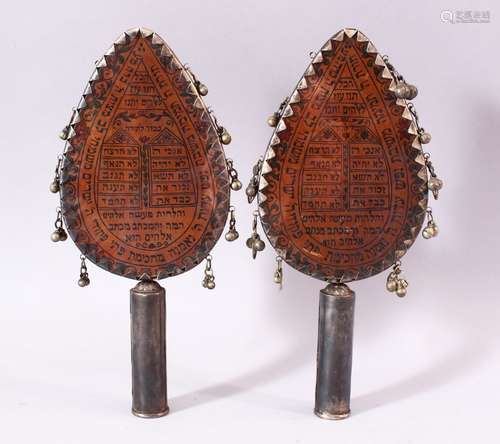 A GOOD PAIR OF 19TH CENTURY WHITE METAL JEWISH CEREMONIAL STAFF MOUNTS of spear tip form, glazed