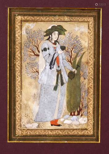 A SAFAVID MINIATURE PAINTING OF A PRINCE in a garden setting, 14cm x 9.5cm.