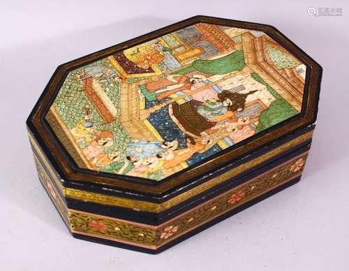 A 19TH/20TH CENTURY INDIAN PAINTED LACQUER BOX AND COVER, the cover painted with figures in a