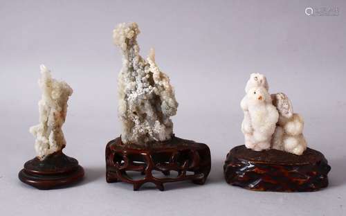 THREE CHINESE SCHOLAR'S PIECES of sea specimens, each with a fitted carved wooden base, largest 11.