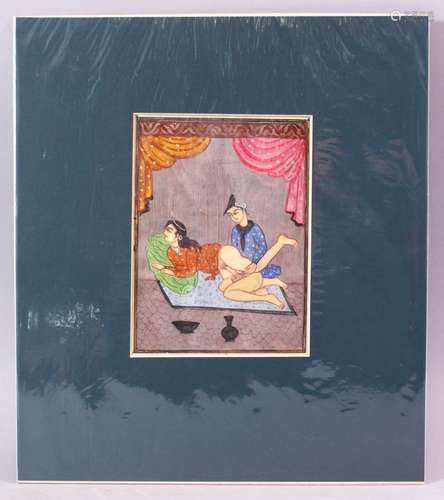 AN INDIAN HAND PAINTED MANUSCRIPT PAGE, depicting a couple in erotic scene, image size 18cm x 13cm.