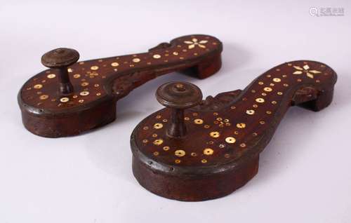 A PAIR OF TURKISH INLAID HARDWOOD BATH SHOES, 26cm long.