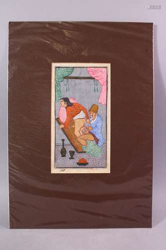 AN INDIAN HAND PAINTED MANUSCRIPT PAGE, depicting a couple in erotic scene, image size 24cm x 12cm.