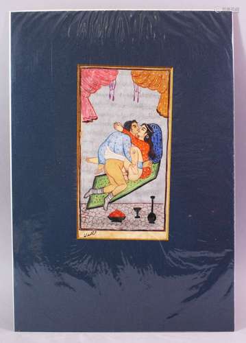 AN INDIAN HAND PAINTED MANUSCRIPT PAGE, depicting a couple in erotic scene, image size 24cm x 12cm.