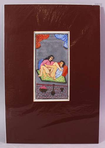 AN INDIAN HAND PAINTED MANUSCRIPT PAGE, depicting a couple in erotic scene, image size 20cm x 10cm.