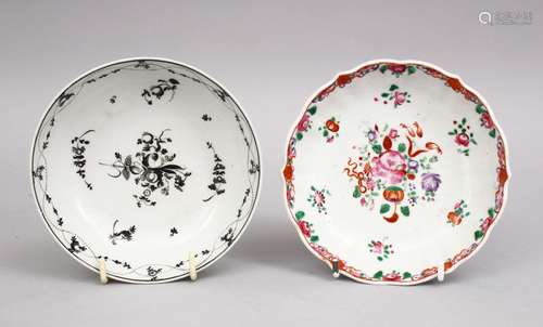 TWO 18TH CENTURY CHINESE PORCELAIN SAUCERS, One decorated in famille rose, the other grisaille, 12.