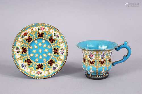 A FINE 19TH CENTURY OTTOMAN OR OTTOMAN MARKET ENAMELLED CUP AND SAUCER, with finely painted panels