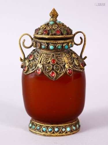 A 19TH CENTURY CHINESE GEM DECORATED AND GILT TWO HANDLED SNUFF BOTTLE, 9cm high.