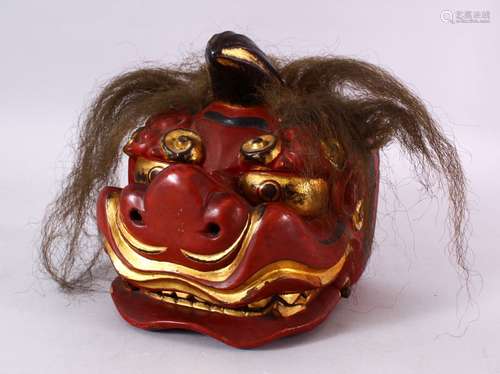 A JAPANESE MEIJI / TAISHO PERIOD LACQUER HANNYA / DEVIL MASK, with real hair detailing, gilt