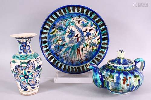 A COLLECTION OF THREE PALESTINIAN / JERUSALEM POTTERY ITEMS, consisting of a tea pot, 20cm wide, a