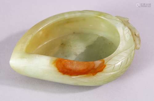 A GOOD 19TH CENTURY JADE LEAF SHAPED BRUSH WASHER, the sides carved with leaves, 13cm x 9cm.