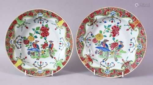 A GOOD PAIR OF 18TH CENTURY CHINESE FAMILLE ROSE CIRCULAR PLATES, painted with flowers and peacocks,