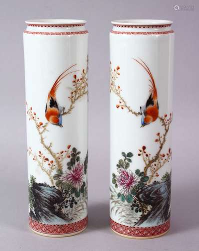 A PAIR OF 19TH/20TH CENTURY CHINESE FAMILLE ROSE PORCELAIN SLEEVE VASES, the bodies decorated with a