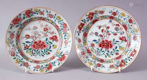 A PAIR OF 18TH CHINESE FAMILLE ROSE PLATES, painted with flowers, 22cm.