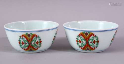 A PAIR OF CHINESE DOUCAI DECORATED PORCELAIN BOWLS, with roundel decoration depicting formal