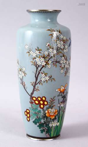 A JAPANESE MEIJI PERIOD POSSIBLY SILVER WIRE CLOISSONE VASE, with scenes of birds, prunus and