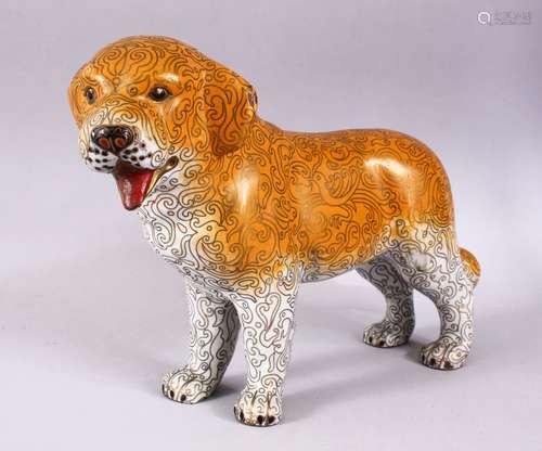 A RARE 19TH CENTURY CHINESE CLOISONNE MODEL OF A DOG, the body of the dog with a graduating