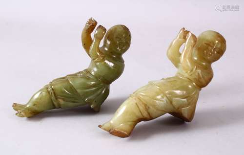 TWO 19TH/20TH CENTURY CHINESE CARVED JADE FIGURES OF BOYS, both once possibly holding an