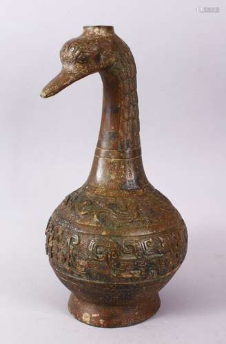 A GOOD ARCHIC FORM CHINESE DUCK VASE, the body with archaic decoration, the neck formed as a duck,