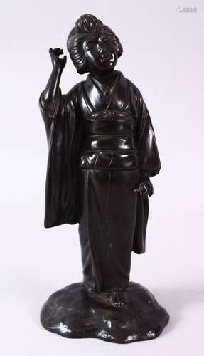 A 19TH CENTURY JAPANESE BRONZE FIGURE OF A GIRL HOLDING A MUSICAL INSTRUMENT, 32cm high.