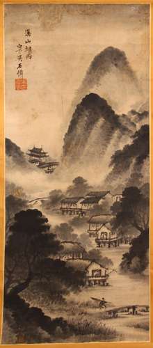 A GOOD 19TH/20TH CENTURY CHINESE SCROLL PAINTING, depicting a mountainous landscape with buildings