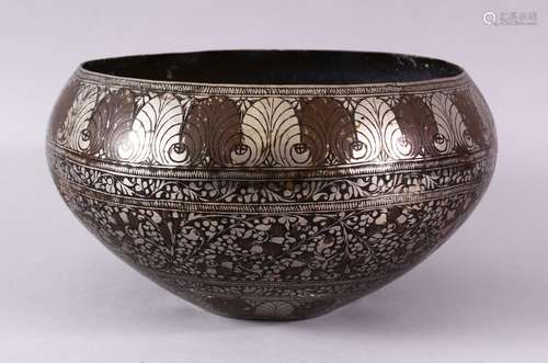 A 19TH / 20TH CENTURY INDIAN INLAID BOWL, the body of the bowl with floral white metal inlaid