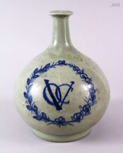 A JAPANESE EDO PERIOD UNDERGLAZE BLUE POTTERY SAKE BOTTLE - DUTCH EAST INDIAN CO, the body of the