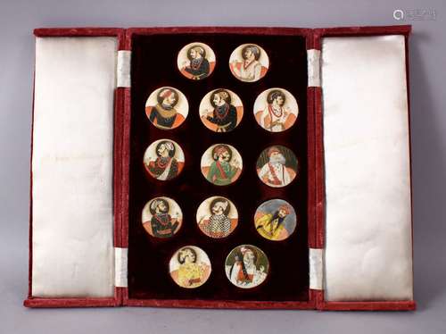 A BOXED SET OF THIRTEEN 18TH/19TH CENTURY PERSIAN CARVED & PAINTED IVORY MINIATURES, each of the