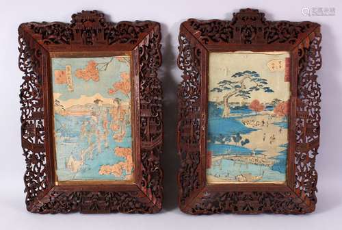 A PAIR OF 19TH CENTURY CHINESE CARVED WOODEN FRAMES AND JAPANESE WOODBLOCK PRINTS, the frames carved