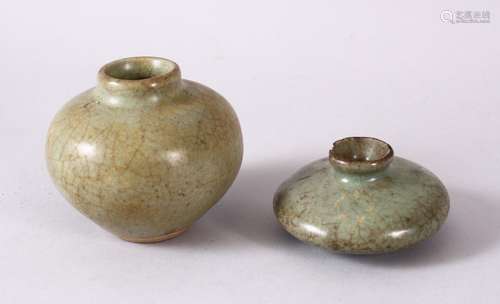 TWO EARLY POSSIBLY 12TH CENTURY CHINESE CELADON CRACKLE GLAZED BRUSH WASHERS, both with a celadon